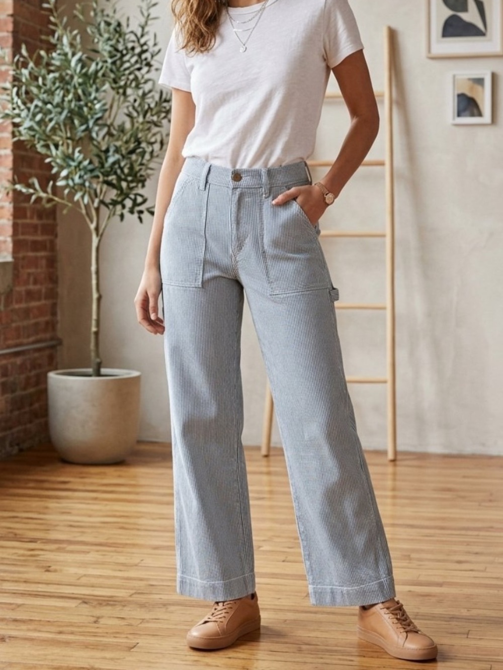 American Eagle Super High Rise Baggy Wide Leg Pinstripe Carpenter Pants